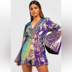 Boohoo Purple Iridescent Flare Sleeve Sequin Romper